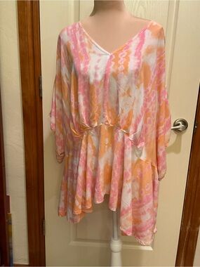 Cato Flowy V-Neck Tie-Dye Tunic in Pink & Orange 26/28W Sharkbite Hem
